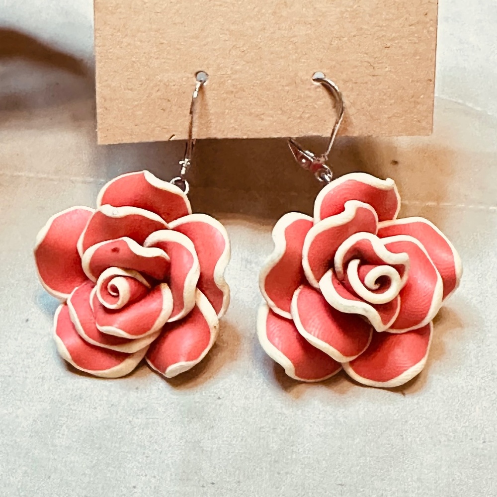 Rose & Bead Large Dangle Earrings Vintage Polymer Clay